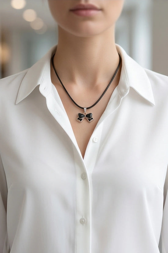 Gold and Black Ribbon Bow Necklace