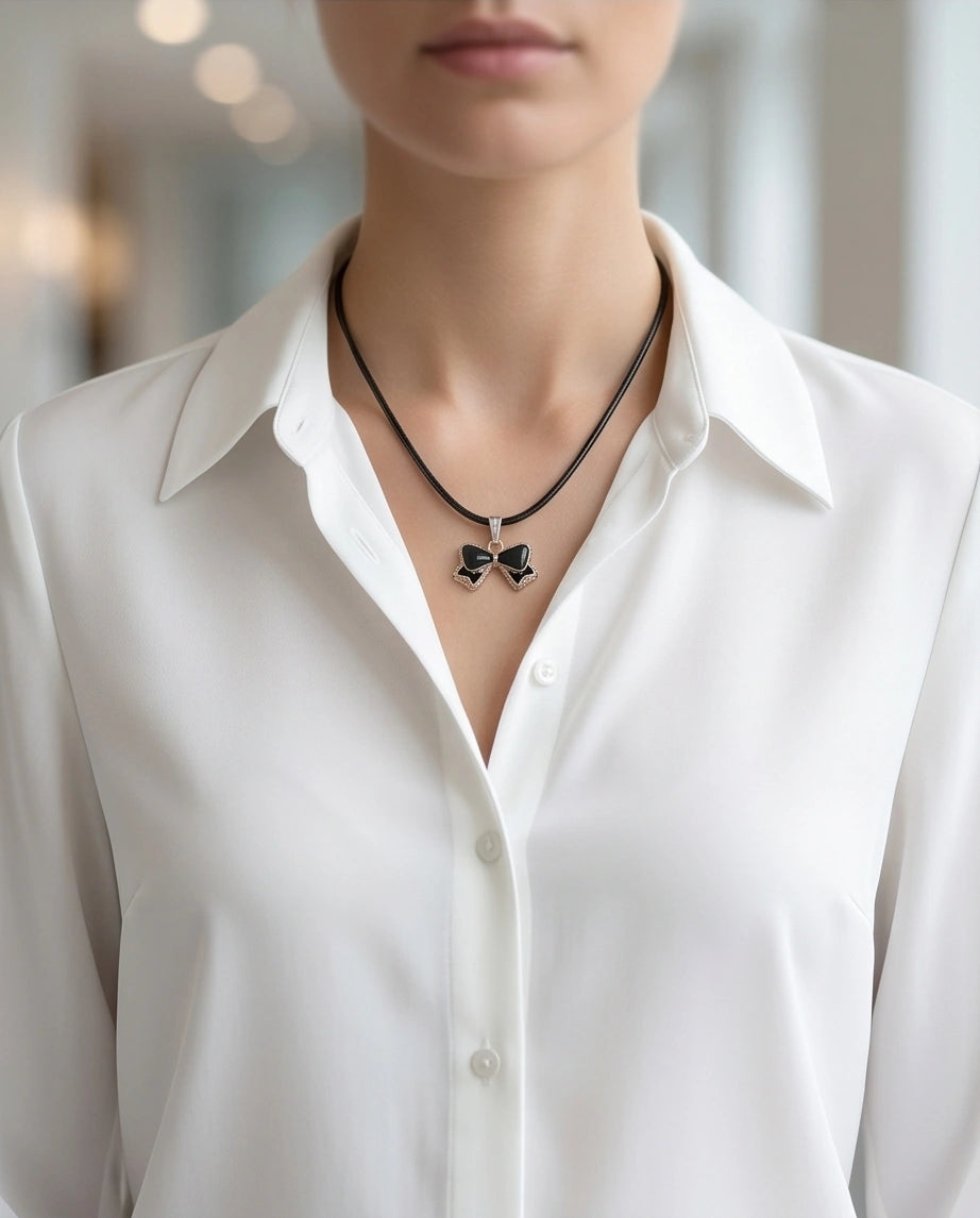 Gold and Black Ribbon Bow Necklace