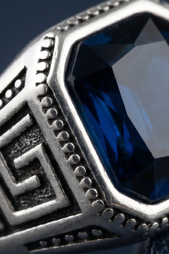 Vintage Greek Key Deep Blue Gemstone Ring