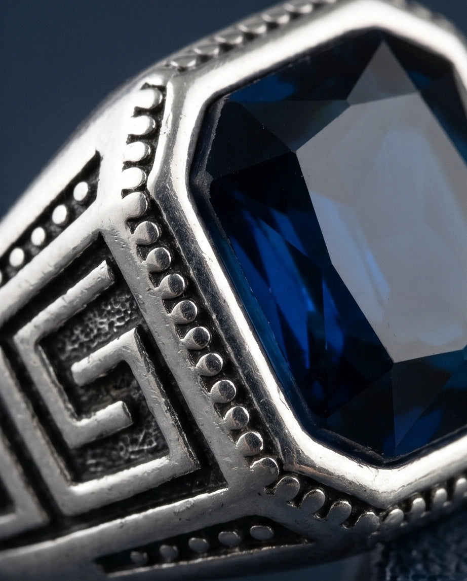 Vintage Greek Key Deep Blue Gemstone Ring
