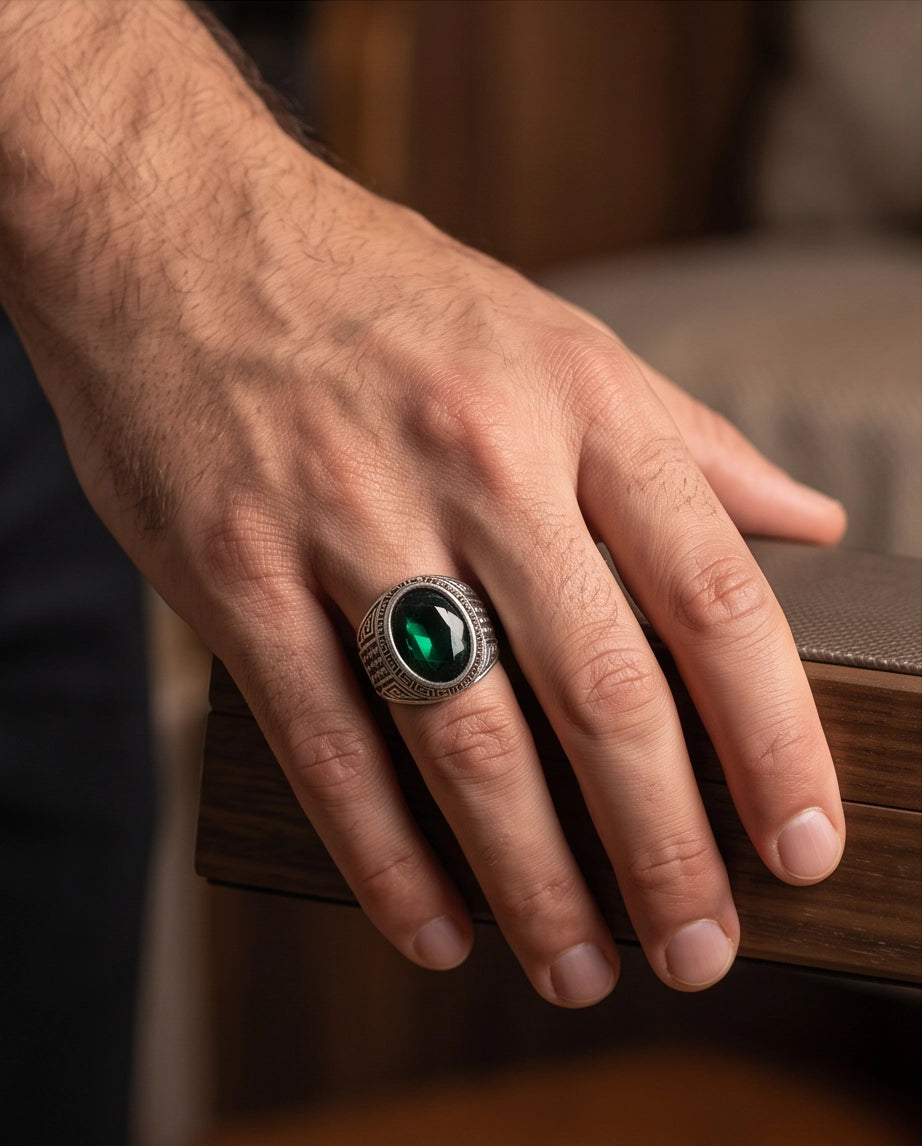 Emerald Gemstone Greek Key Bezel Studded Silver Ring