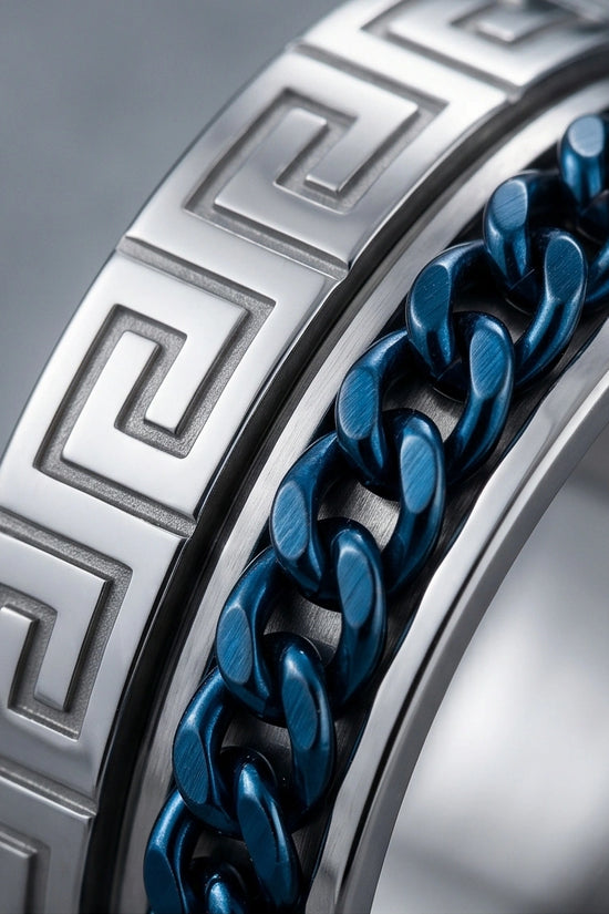 Modern Greek Key Blue Chain Spinner Ring