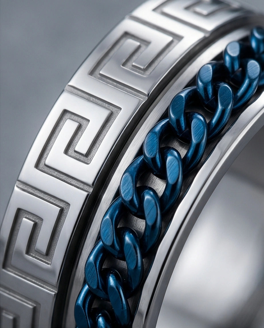 Modern Greek Key Blue Chain Spinner Ring