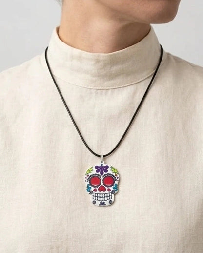 Vibrant Sugar Skull Día de los Muertos Pendant Necklace