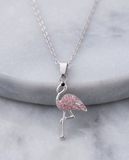 Silver Pink Crystal Paved Flamingo Pendant Necklace