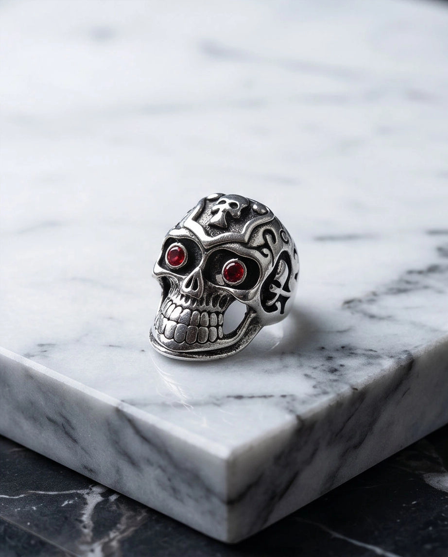 Ruby-Eyed Crested Filigree Skull Ring