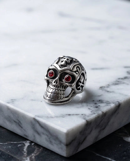 Ruby-Eyed Crested Filigree Skull Ring