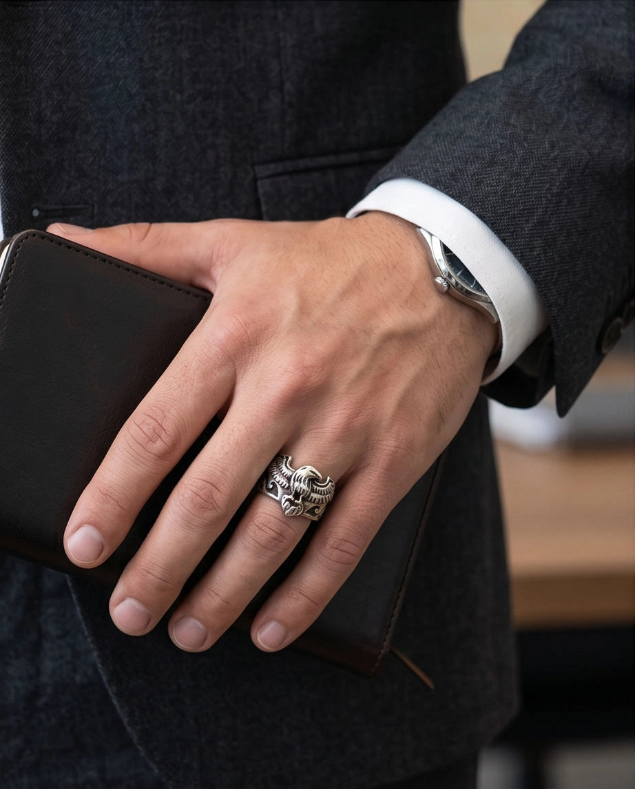 Oxidized Silver Regal Eagle Relief Ring