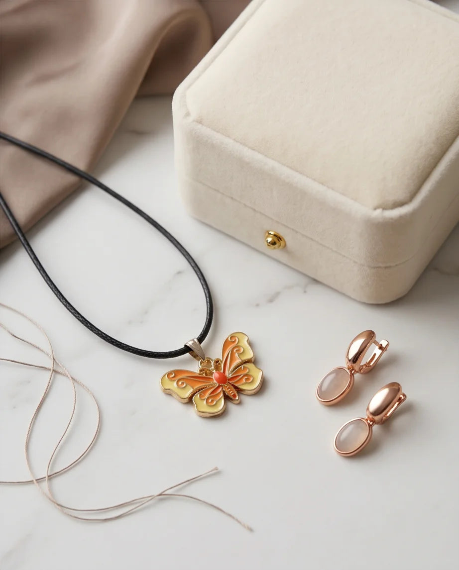 Orange & Yellow Enamel Butterfly Pendant Necklace