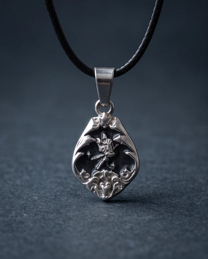 Silver Vintage Cherub Black Enamel Teardrop Pendant Necklace