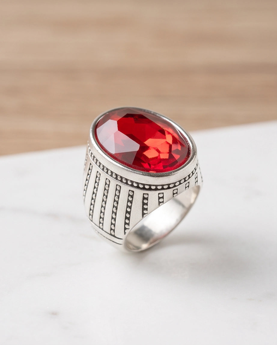 Ruby Gemstone Beaded Surround Vertical Ribbed Silver Ring