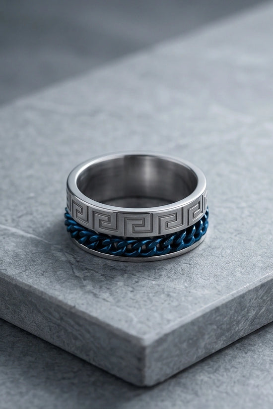 Modern Greek Key Blue Chain Spinner Ring