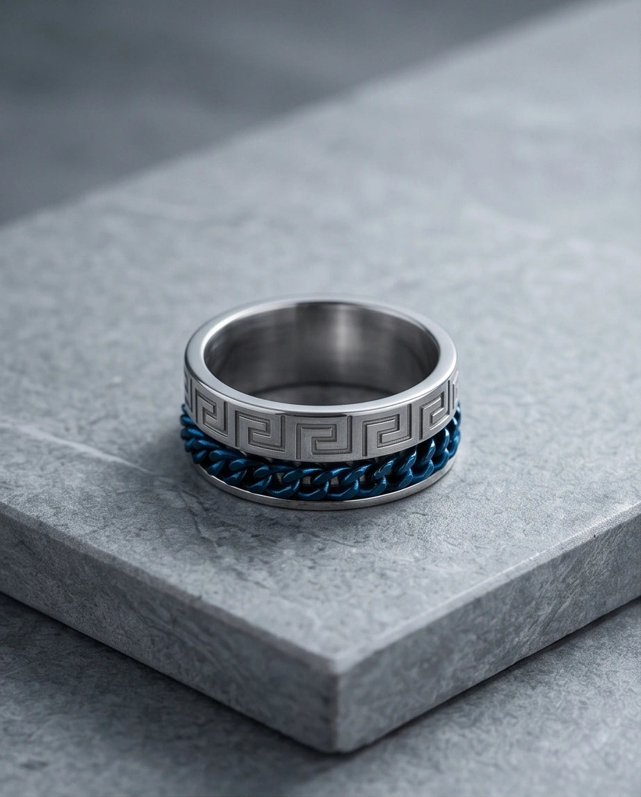 Modern Greek Key Blue Chain Spinner Ring