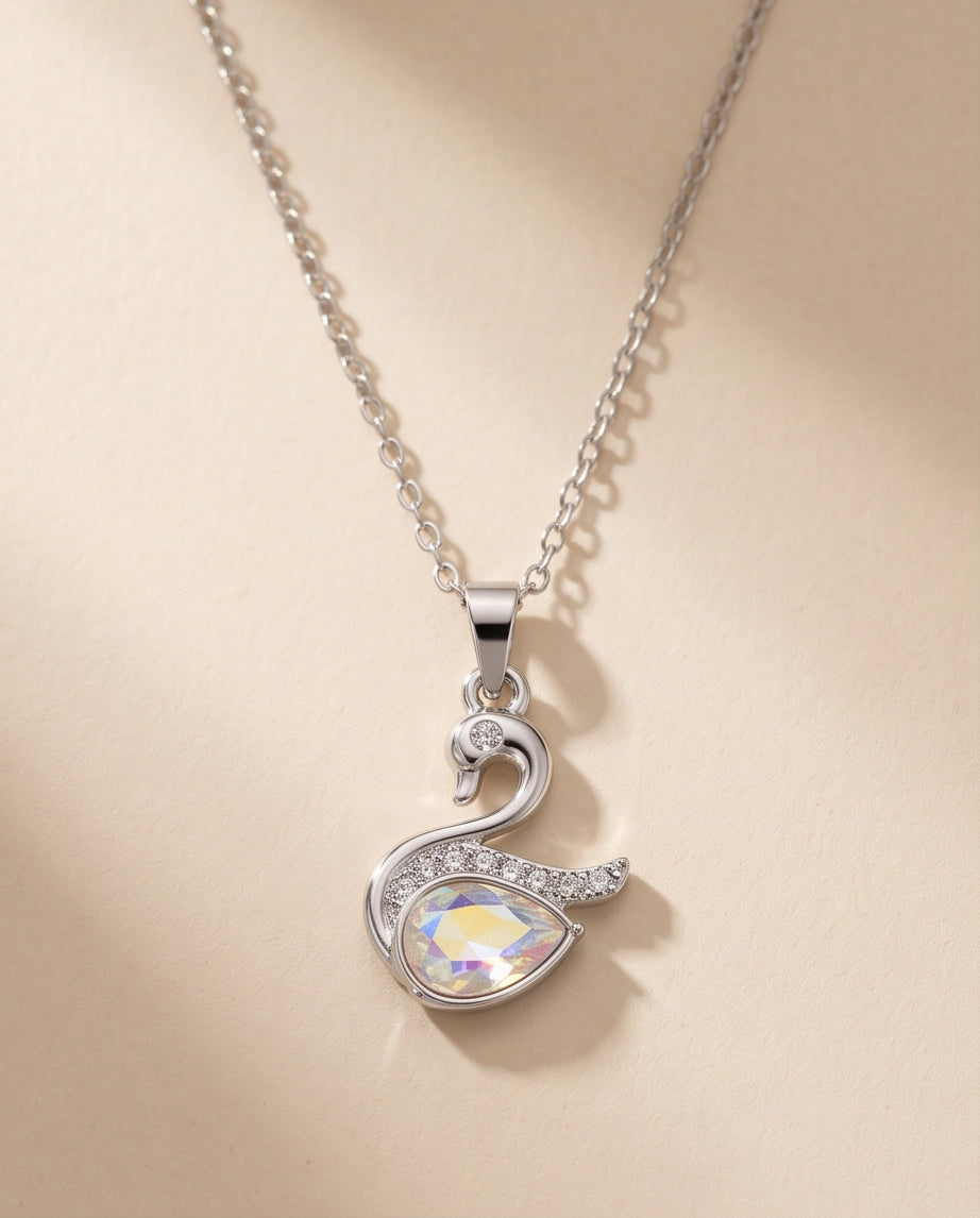 Silver Opaline Crystal Swan Pendant Necklace