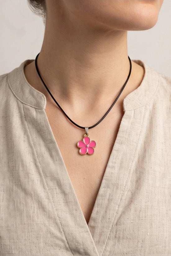 Gold and Pink Flower Pendant Necklace