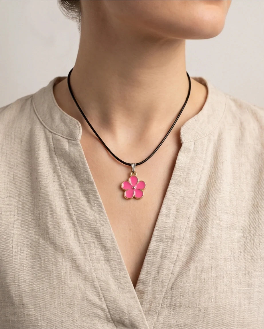 Gold and Pink Flower Pendant Necklace