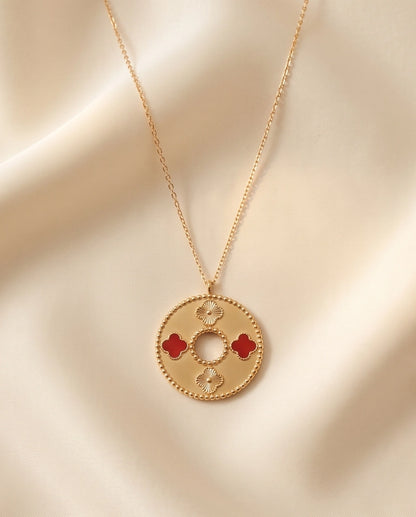 Gold Red Clover Medallion Necklace