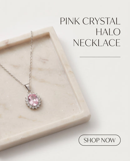 Silver Pink Crystal Oval Halo Medallion Pendant Necklace