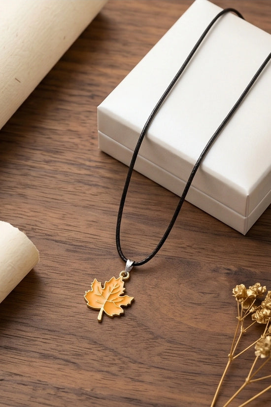 Golden Autumn Maple Leaf Enamel Pendant Necklace
