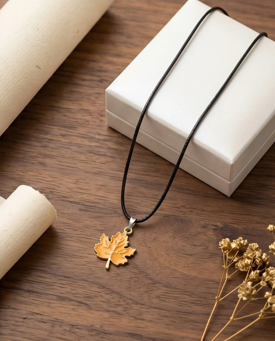 Golden Autumn Maple Leaf Enamel Pendant Necklace