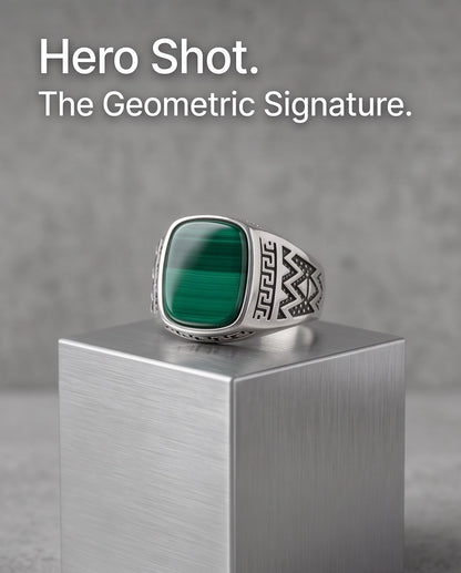 Green Agate Cushion Cabochon Greek Key Zigzag Silver Ring