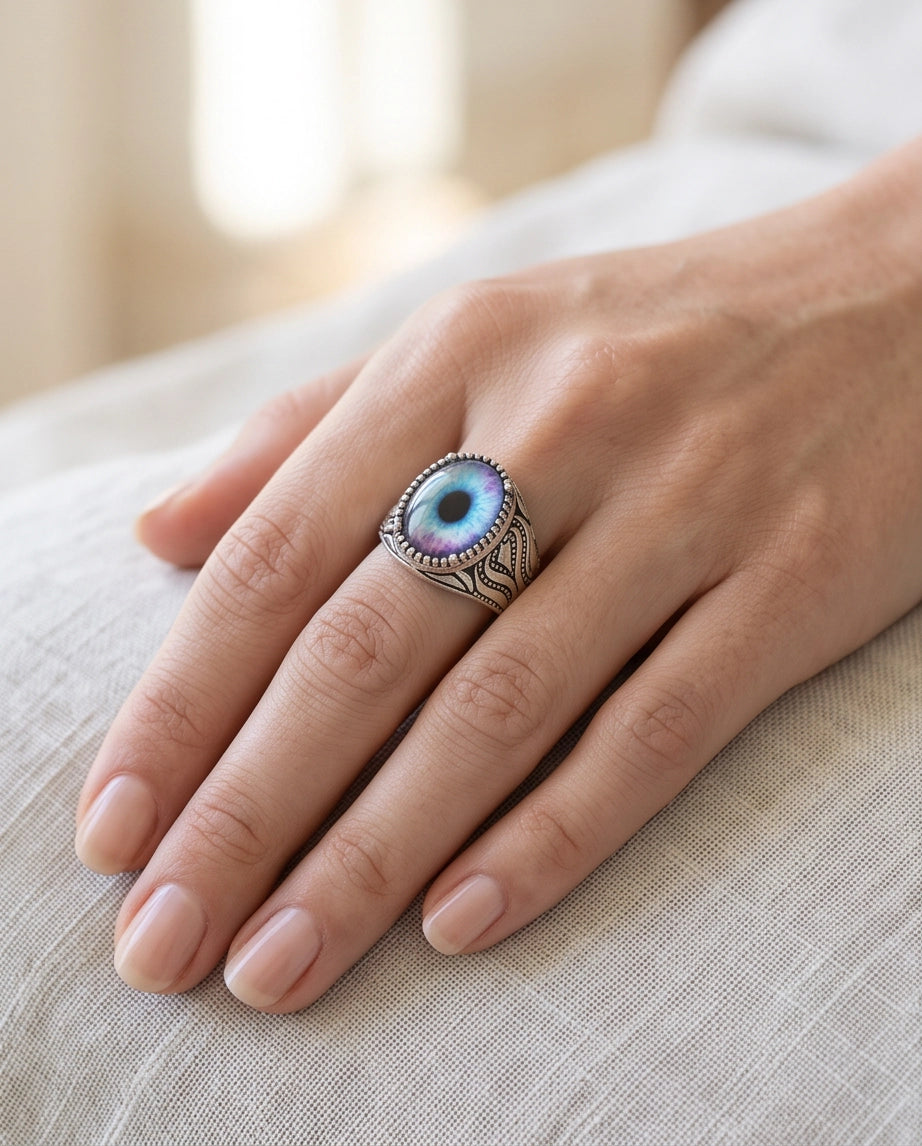Nebula Blue-Purple Evil Eye Cabochon Ornate Scrollwork Silver Ring