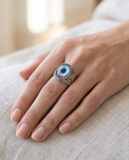 Nebula Blue-Purple Evil Eye Cabochon Ornate Scrollwork Silver Ring