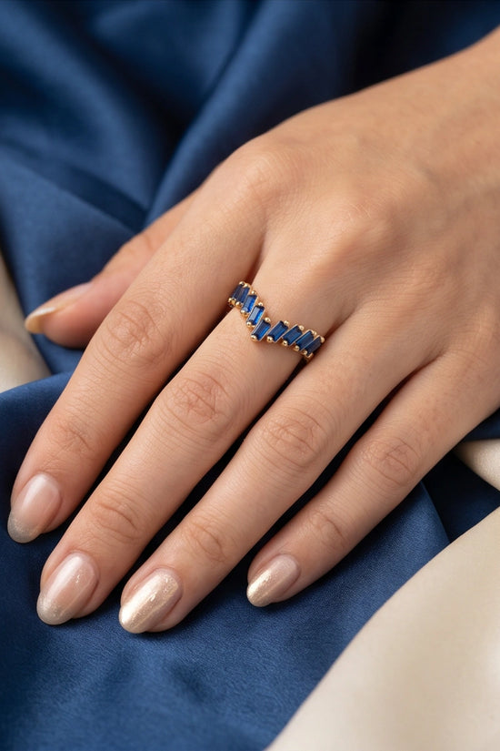 Gold Plated Blue Sapphire Baguette Tiara Ring