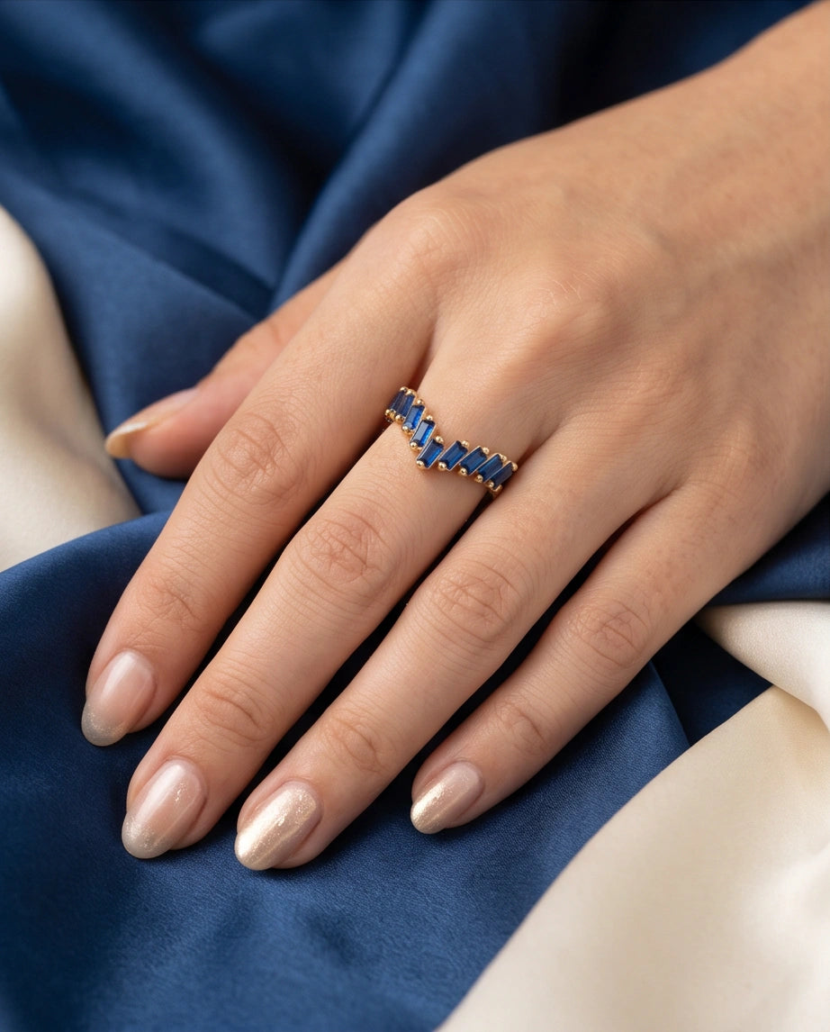 Gold Plated Blue Sapphire Baguette Tiara Ring