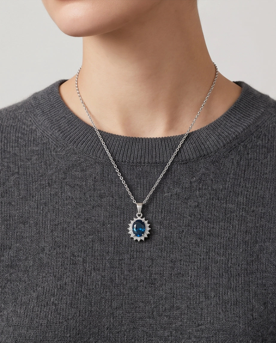 Silver London Blue Oval Halo Medallion Pendant Necklace
