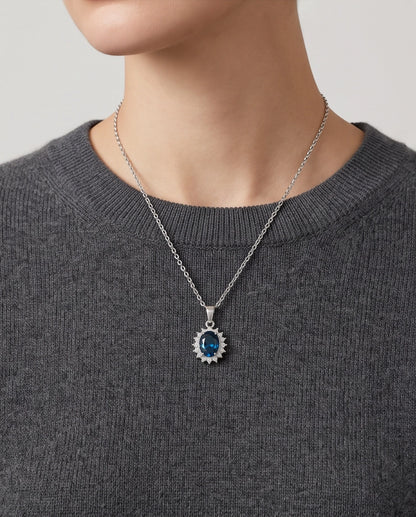 Silver London Blue Oval Halo Medallion Pendant Necklace
