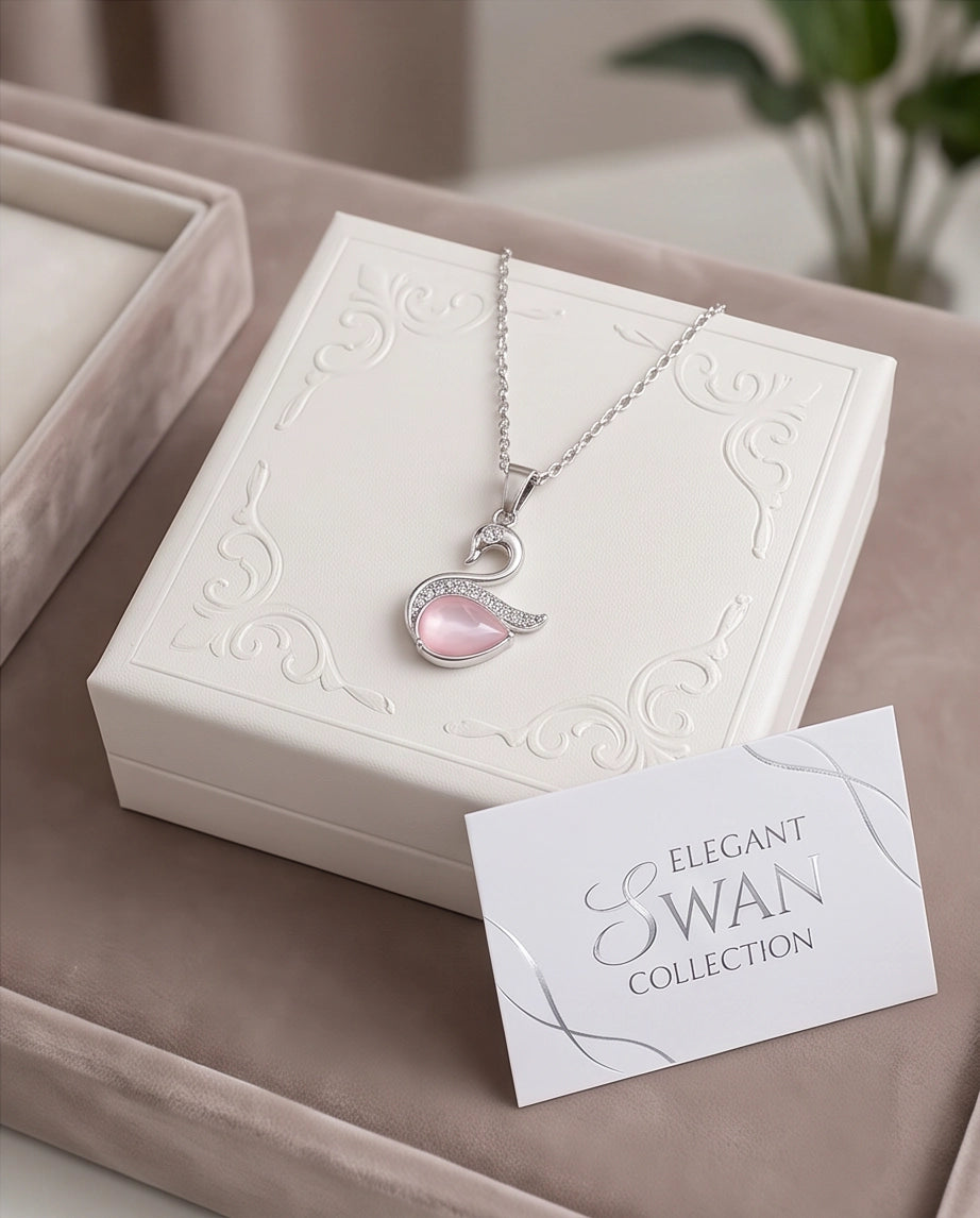 Silver Pink Crystal Swan Pendant Necklace