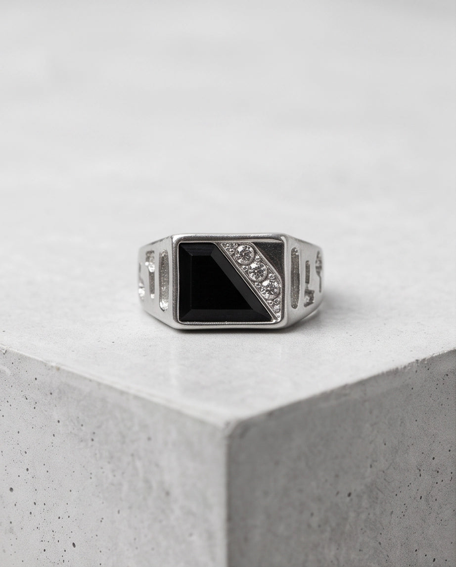 Onyx Inlay & Pavé Diagonal Split Signet Silver Ring