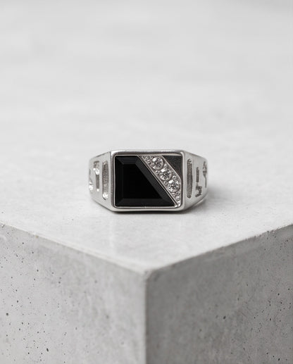 Onyx Inlay & Pavé Diagonal Split Signet Silver Ring