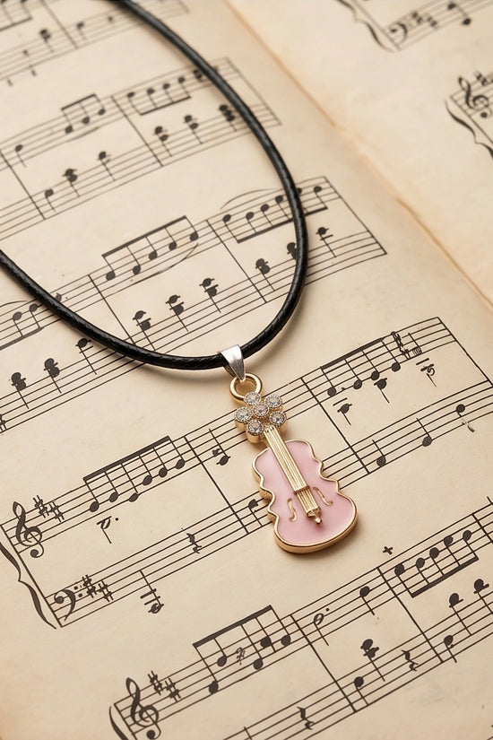 Gold and Pink Enamel Violin Necklace