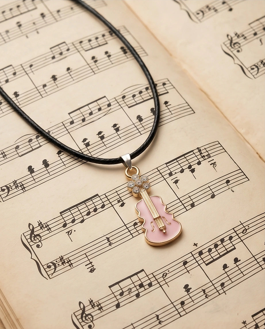 Gold and Pink Enamel Violin Necklace
