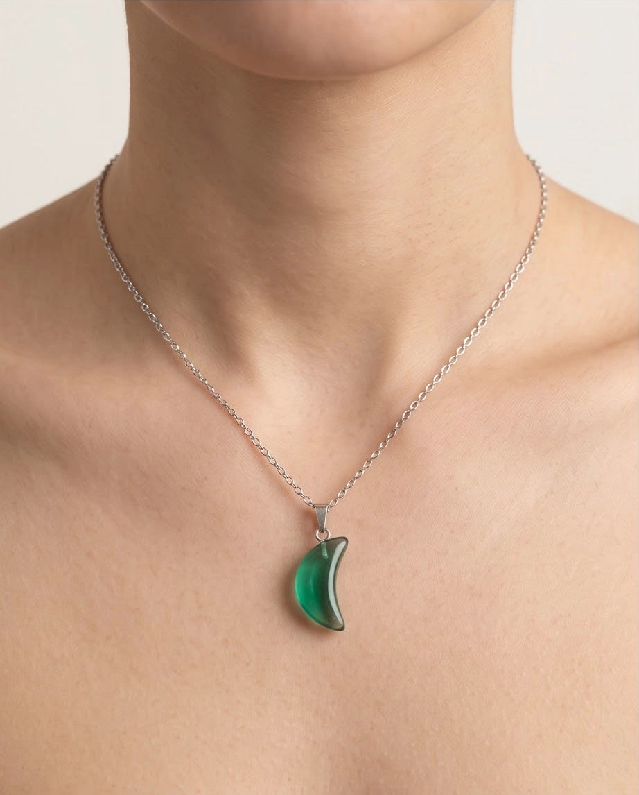 Silver Emerald Green Crescent Moon Pendant Necklace