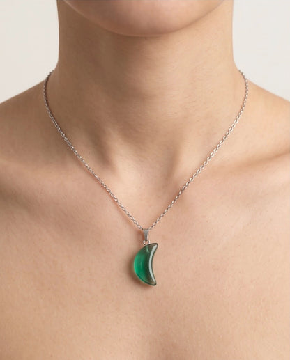 Silver Emerald Green Crescent Moon Pendant Necklace