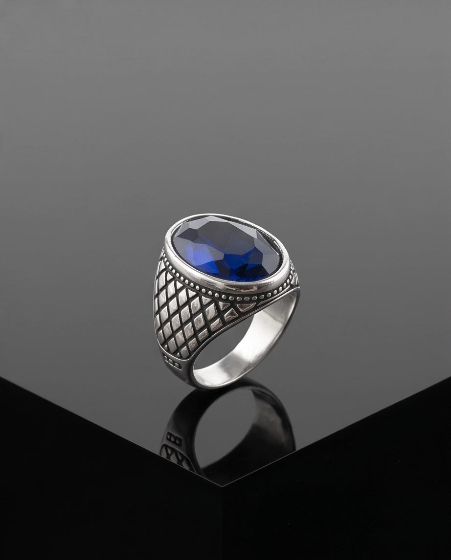 Sapphire Gemstone Beaded Frame Crosshatch Mesh Silver Ring