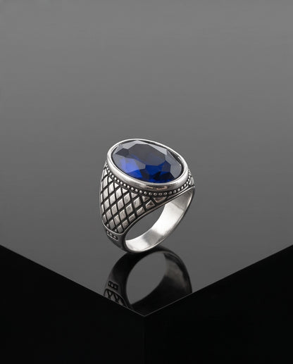 Sapphire Gemstone Beaded Frame Crosshatch Mesh Silver Ring