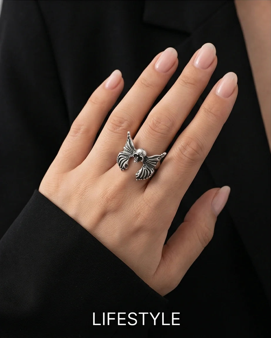 Gothic Sterling Silver Skull Butterfly Ring