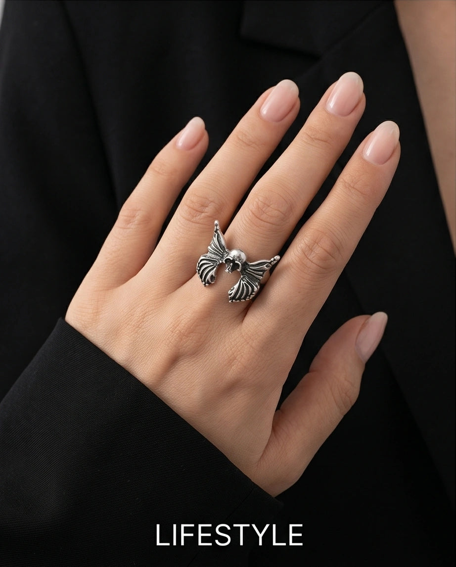 Gothic Sterling Silver Skull Butterfly Ring