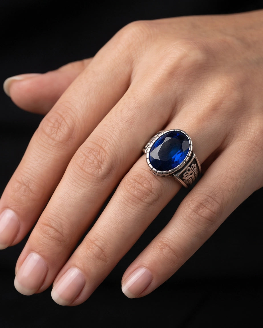 Sapphire Gemstone Notched Bezel Floral Scale Silver Ring