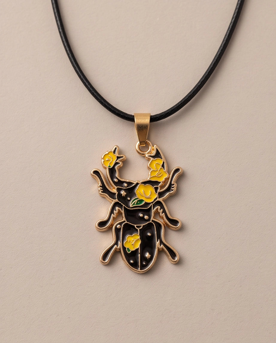 Gold Floral Stag Beetle Enamel Chain Necklace