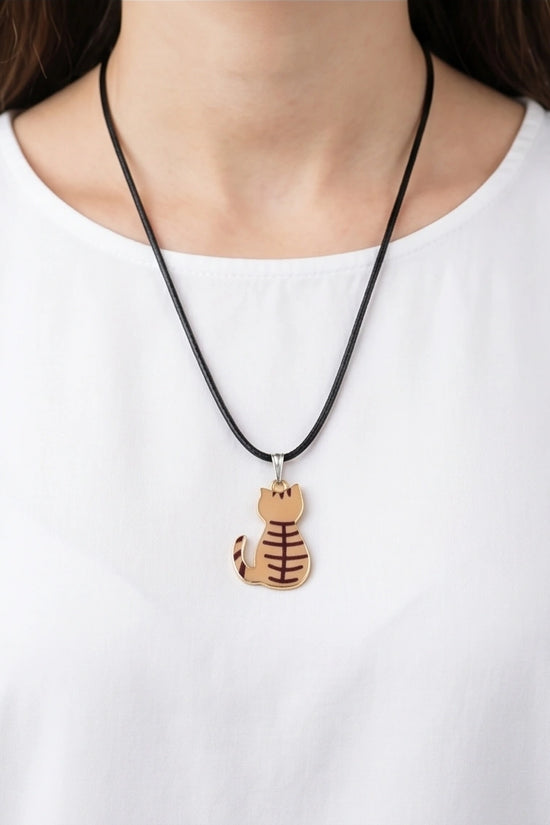 Artistic Golden Autumn Feline Silhouette Pendant Necklace