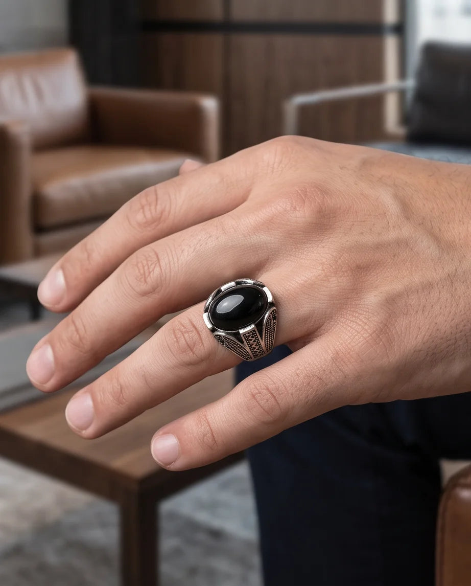 Obsidian Eclipse Stippled Signet Ring