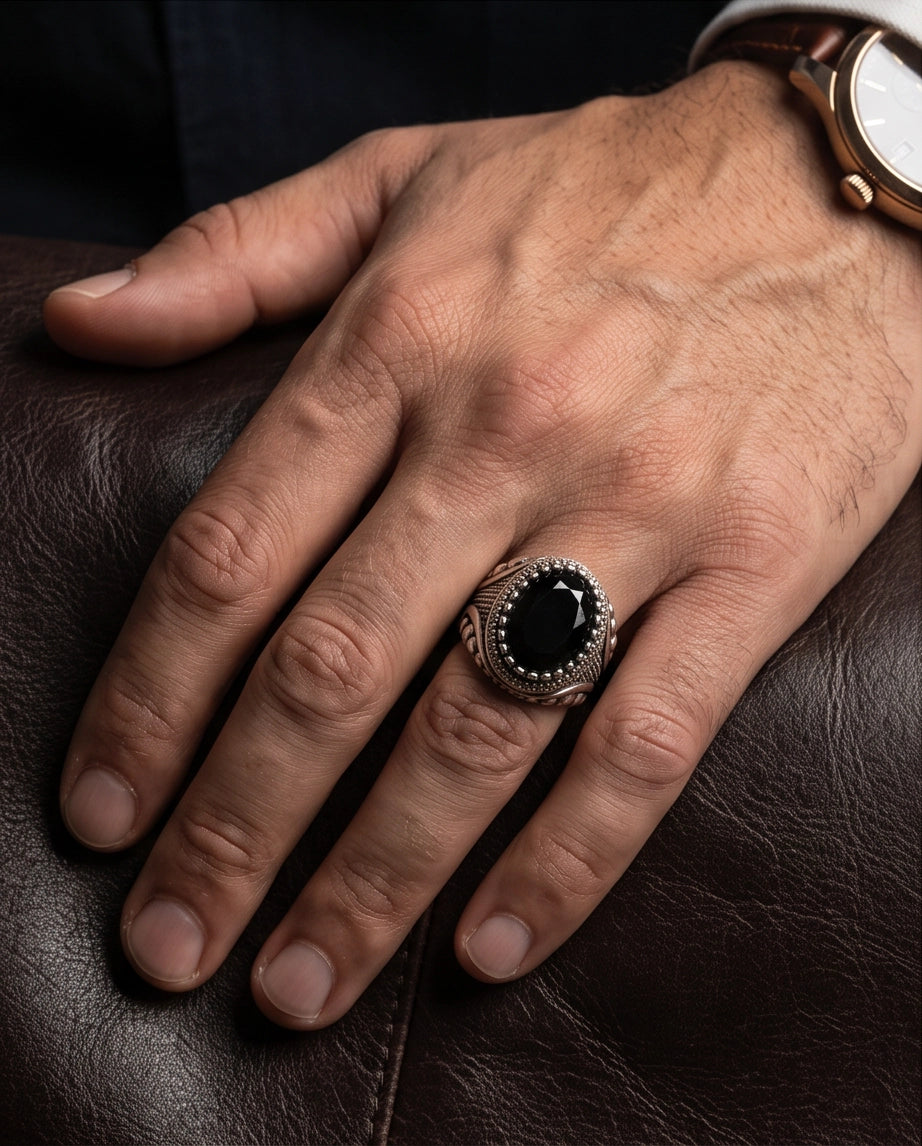Black Gemstone Double Beaded Frame Studded Silver Ring