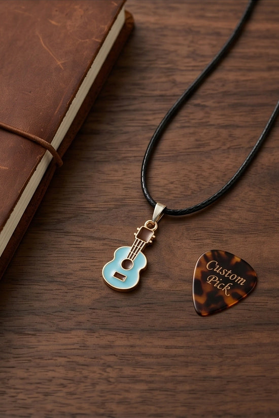 Gold and Light Blue Acoustic Guitar Necklace