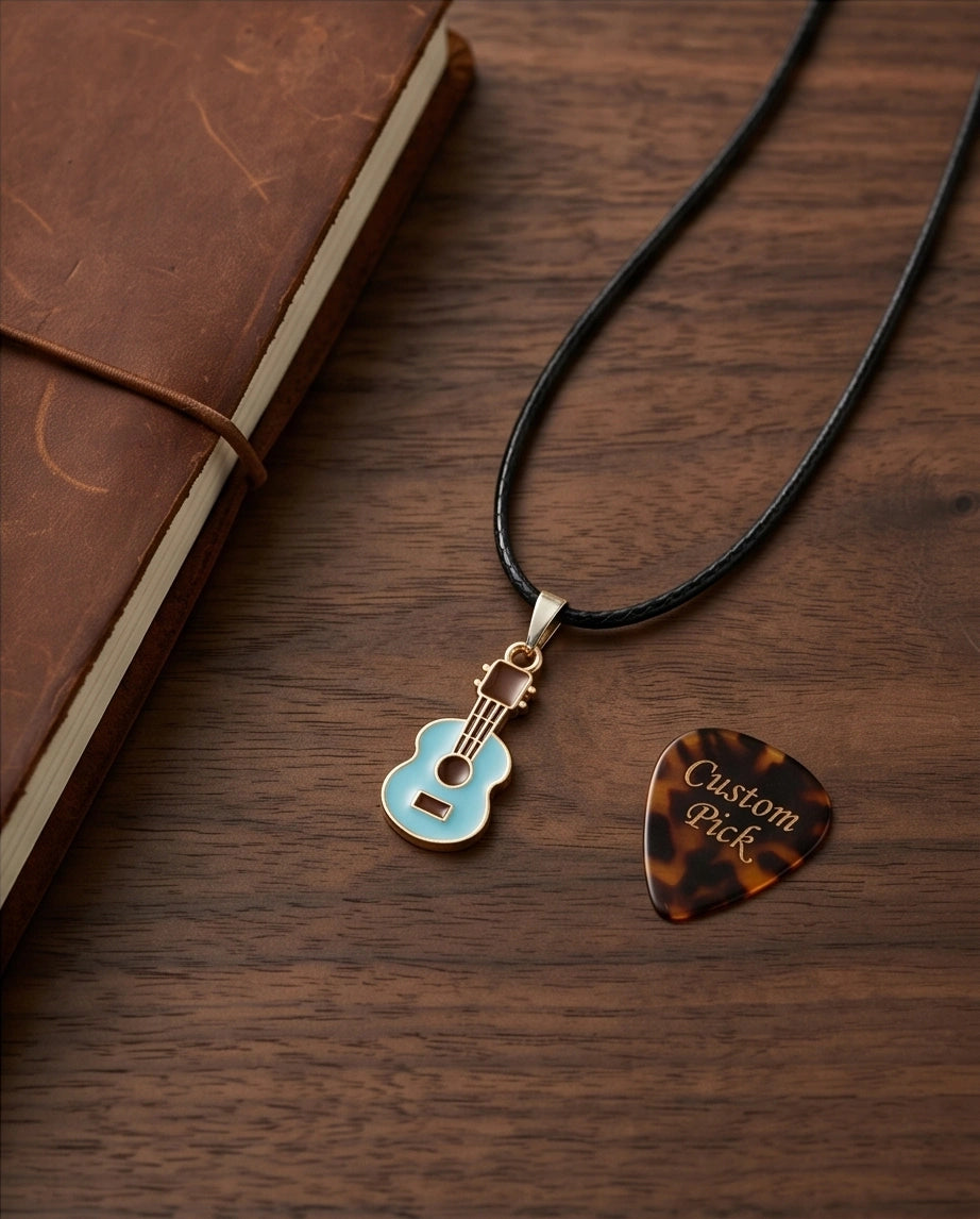 Gold and Light Blue Acoustic Guitar Necklace