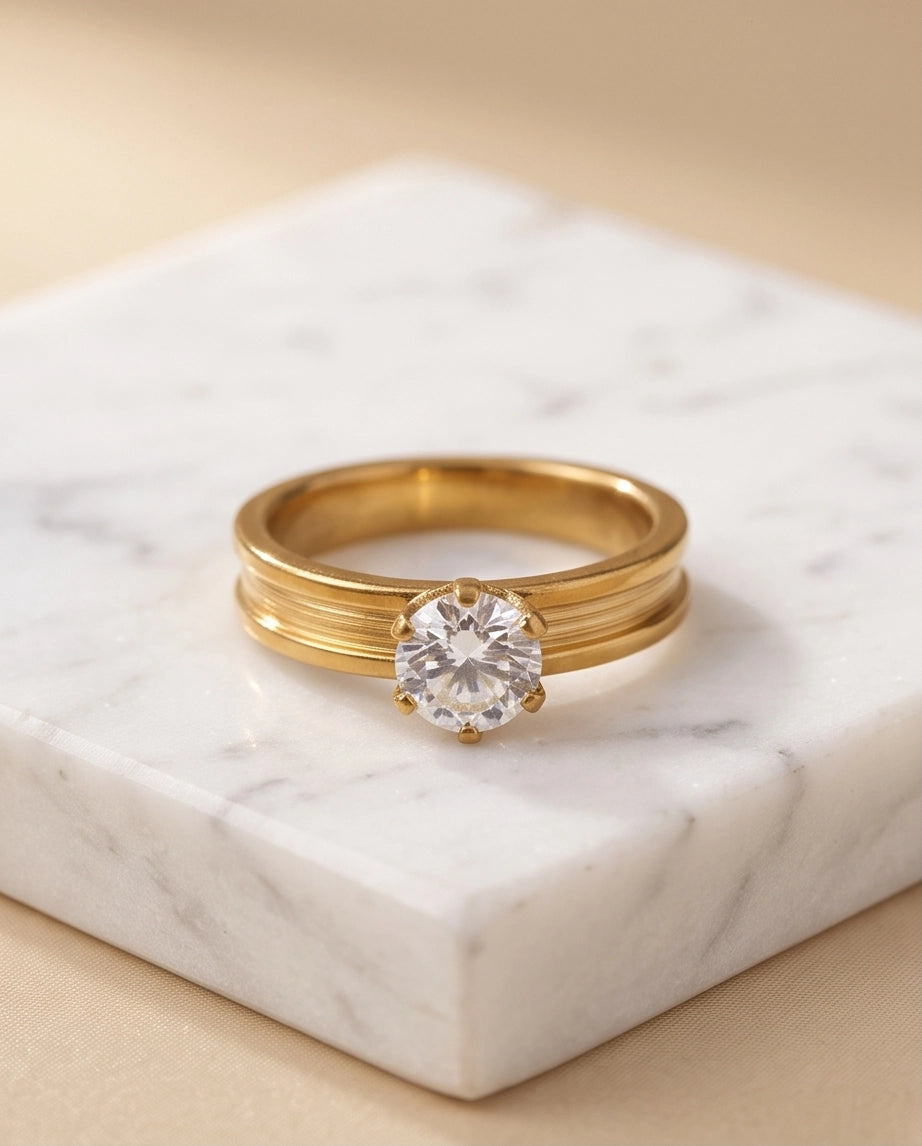 Gold Round Gemstone Grooved Solitaire Ring